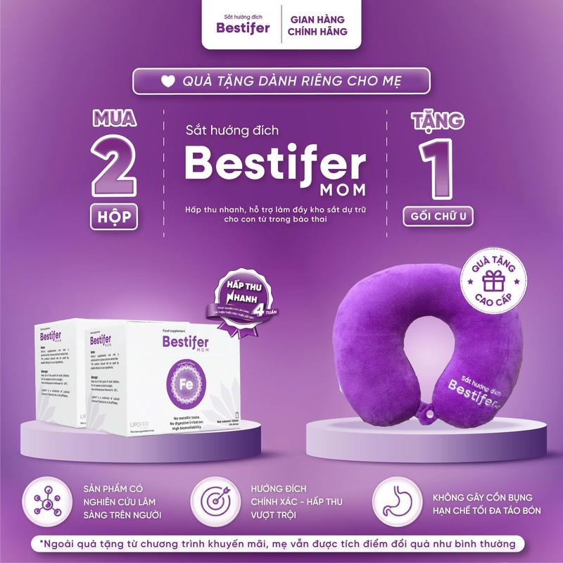 Sắt hướng đích Bestifer mom - Công nghệ Lipofer giúp hấp thu nhanh, cải thiện thiếu máu do thiếu sắt sau 4 tuần|Hộp 24 gói