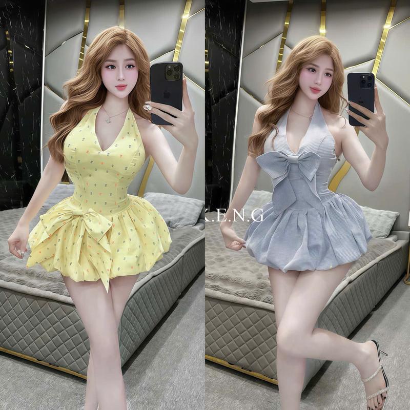 Đầm váy nữ cổ yếm dáng bí đính nơ ( có quần rời ) sang chảnh, tôn dáng, xinh xắn phù hợp cho các nàng diện đi tiệc, đi du lịch, đi chơi