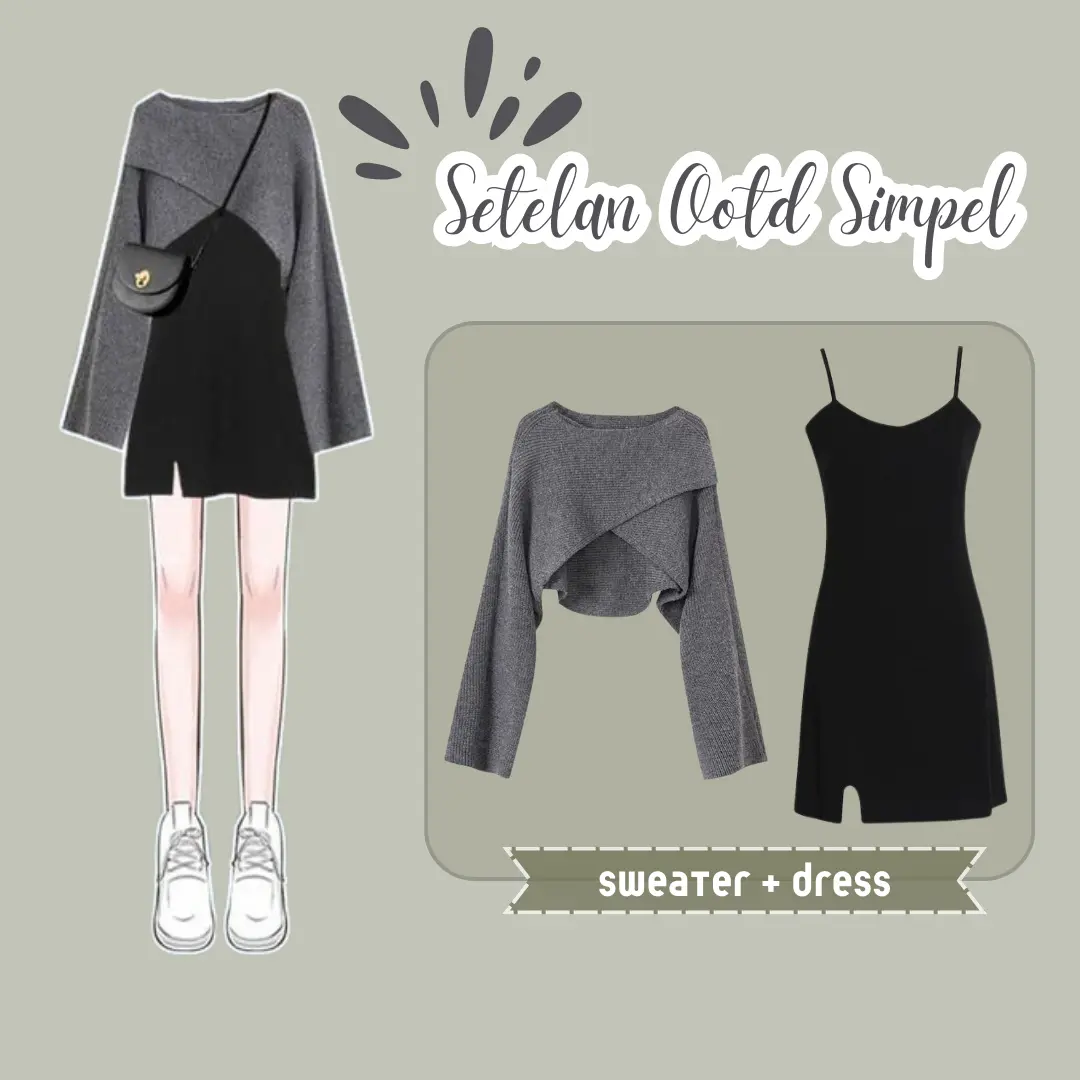 One Set OOTD Wanita Kekinian Sweater Rajut Crop Silang + Dress Rayon Pendek Tali Kecil 058A