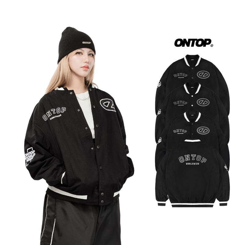 Áo khoác bomber varsity jacket ONTOP vải kaki và nỉ dạ thêu họa tiết da có nút bấm local brand nam nữ | O19-AK11