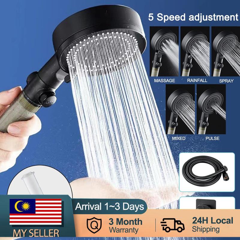  【READY STOCK 8 Modes High Pressure Shower Head Adjustable Showerhead with Filter Saving Water One-Key Stop Spray Nozzle Bathroom Shower Equipment Home Black Heater 