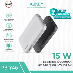 AUKEY POWERBANK Kapasitas 10000mAh 15W USB A & Type C PD 3.0 Pengecasan Cepat Fast Charging PB-Y46
