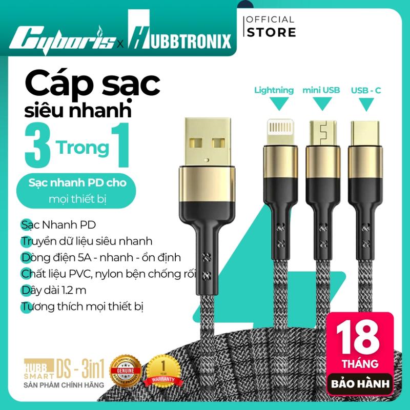 Cáp Sạc Nhanh 3 Trong 1 Đa Năng USB-A To Lightning Micro Type C Siêu Tốc Tiện Lợi