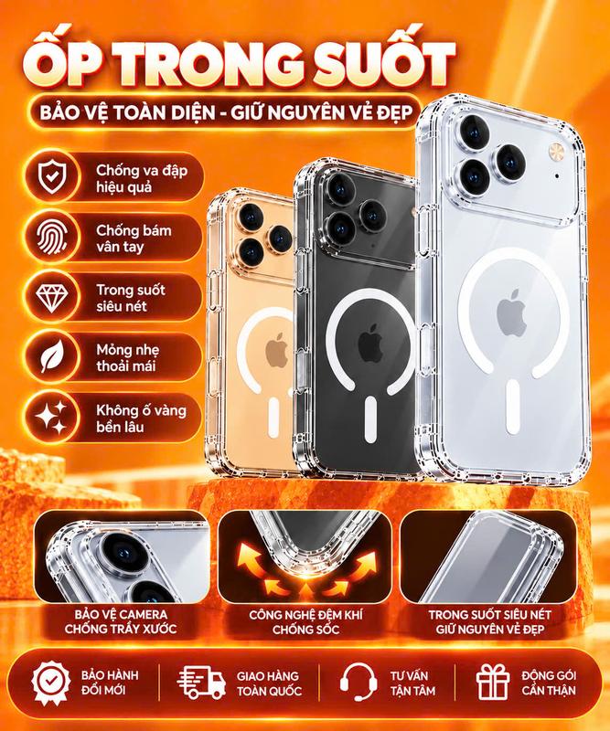 Ốp Lưng iPhone Trong Suốt Chống Sốc Hỗ Trợ Sạc Từ Tính Không Dây Cho iPhone 18 17 16 15 14 13 12 11 ProMax Và 16 15 14 Bảo Vệ Toàn Diện - Phụ Kiện