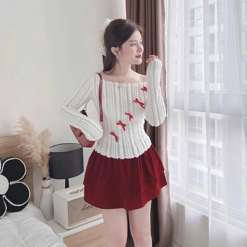 Xả Kho Set Áo Len Sóng Lệch Vai Đính Nơ Đỏ Phối Chân Váy Nhung Xoè Tầng - by Hp