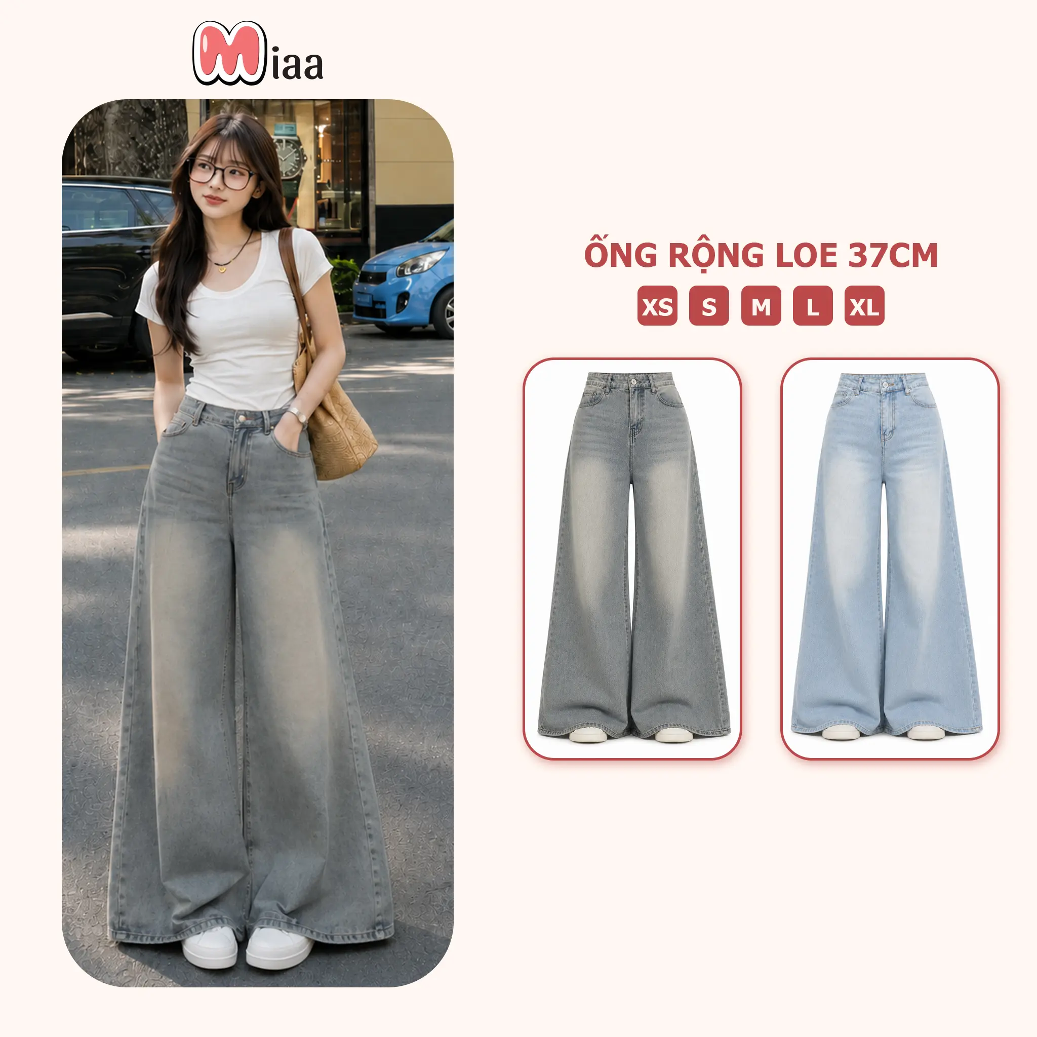 [MIAA] Quần Jeans Nữ Ống Rộng Loe 37cm - Màu Retro Xanh Nhạt, Xanh Xám - Chất Vải Jeans Mềm - Quần Ống Rộng - Mã ONG37