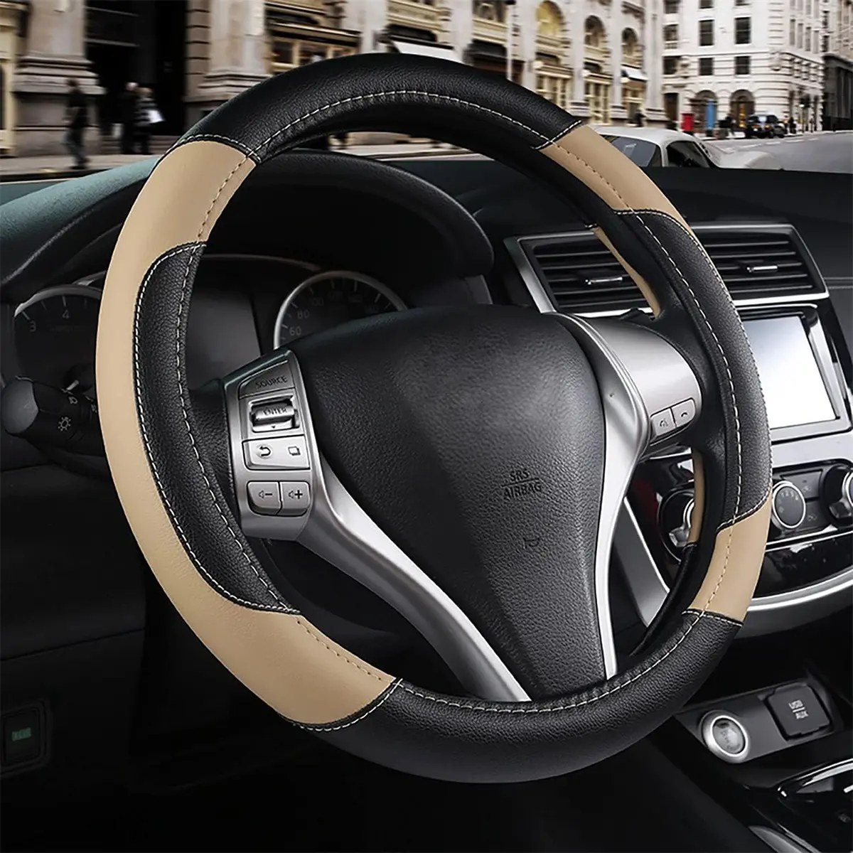 Leather Car Steering Wheel Cover, Non-Slip Car Wheel Cover Protector Breathable Microfiber Leather Universal Fit for Most CarsLeather Car Steering Wheel Cover, Car Wheel Cover Protector Non-Slip Breathable Microfiber Leather Universal Fit