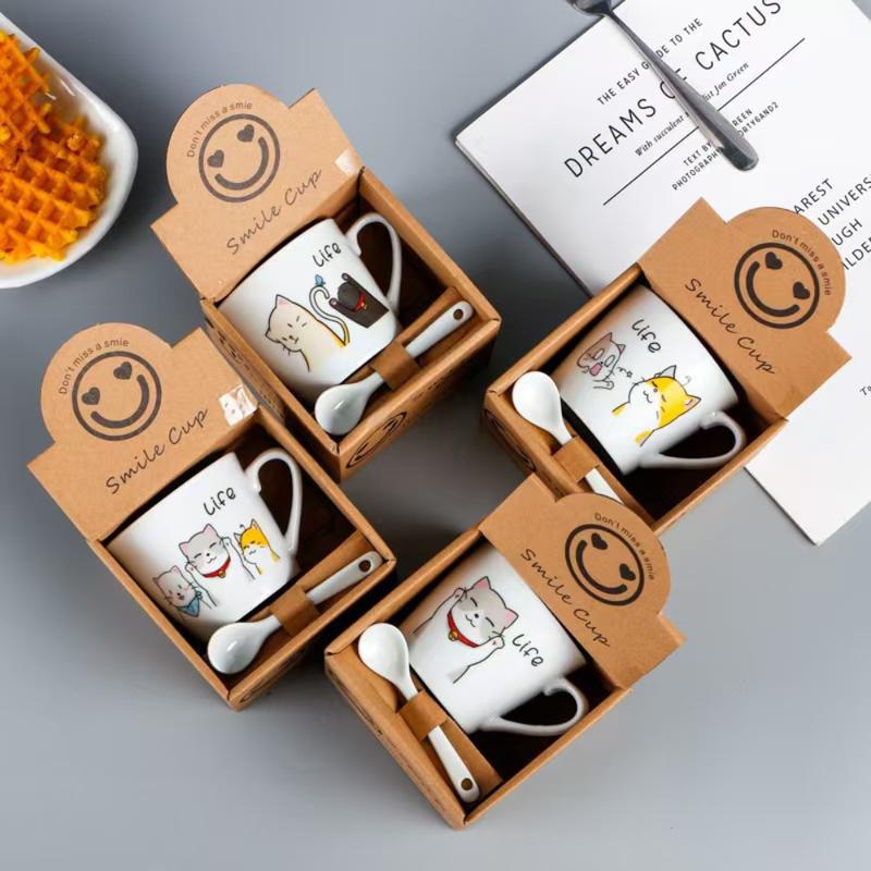 Cốc trà cà phê,gốm sứ Kèm hộp+thìa in họa tiết mèo hoạt hình dể thương.Ly cà phê sứ kèm hộp quà tặng dễ thương