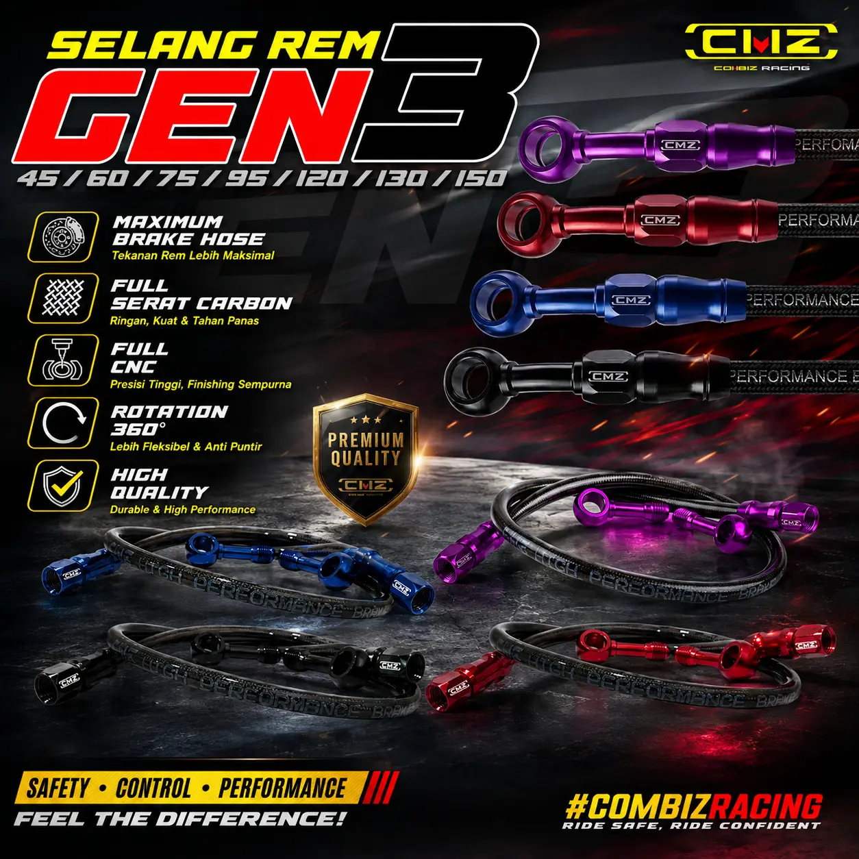 CMZ Kabel Rem GEN-3 CNC Universal Selang rem Kepala Banjo 360 DERAJAT 45 60 75 95 120 130 150 CM UNGU MERAH BIRU HITAM