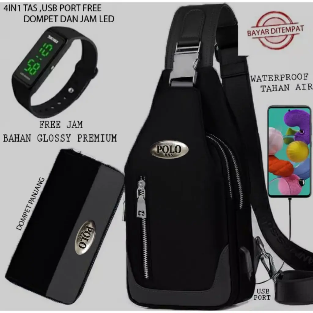Tas Selempang Pria Waterproof 4in1 BONUS Jam  Dompet & USB Port