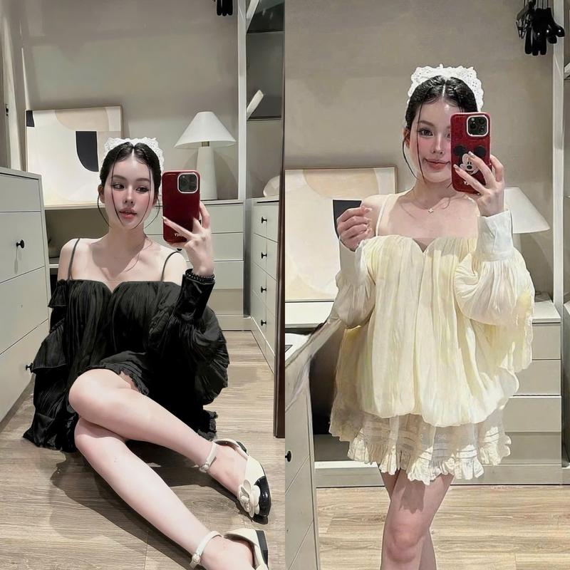  BIGSIZE HIẾU HIẾU  55-95KG  - Set thời trang nữ voan Áo 2 dây trễ vai tay dài + Chân váy ngắn S639 