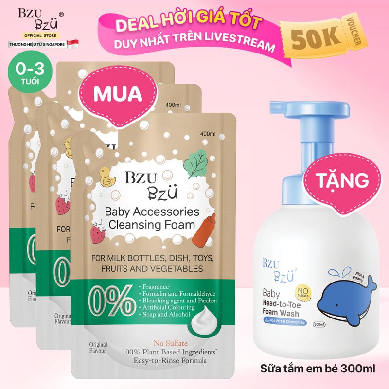 Combo 3 Túi Nước Rửa Bình Sữa, Đồ Dùng Em Bé BZU BZU Baby Accessories Cleansing Foam Original Tạo Bọt 400ml (Không mùi)