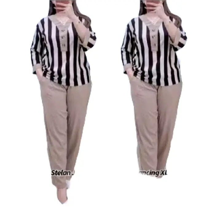 Setelan Wanita Motif Salur Terbaru Baham Adem Halus Jumbo Busui Katun Garis Celana Nyaman - Kancing, Panjang - Standar, Rayon - Lembut, Pendek