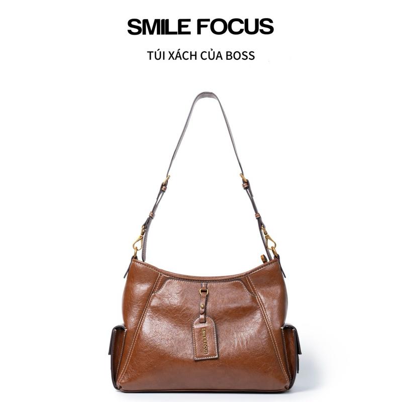 Túi xách nữ da thật SMILE FOCUS thương hiệu Pháp,  Túi Tote phong cách Basic, phù hợp mọi phong cách đi làm, đi chơi, công sở. Túi đa năng, Đeo vai, đeo chéo. Màu nâu bò. Size 29cm. Full box hãng - SF3295