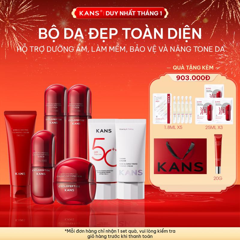 Combo Sản phẩm Hỗ Trợ Mờ Nếp Nhăn Và Ngừa Lão Hóa KANS Polypeptide Collagen Pleasant Set + Kem Chống Nắng Hỗ Trợ Bảo Vệ Da SPF 50+ PA++++ KANS Whitening Brighten Sunscreen Cream 50ml+Kem Dưỡng KANS GLOWING FIRMING TONING CREAM
