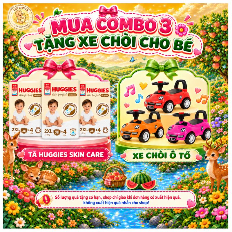 COMBO 3 GÓI HUGGIES SKIN PERFECT (M98/L88/XL72+4/XXL64+4) - TẶNG NGAY XE CHÒI Ô TÔ (Mix size ghi chú)