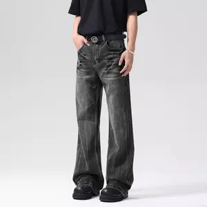 Celana Jeans Pria Hitam Washed - Retro Amerika Motif Petir & Cut Boot