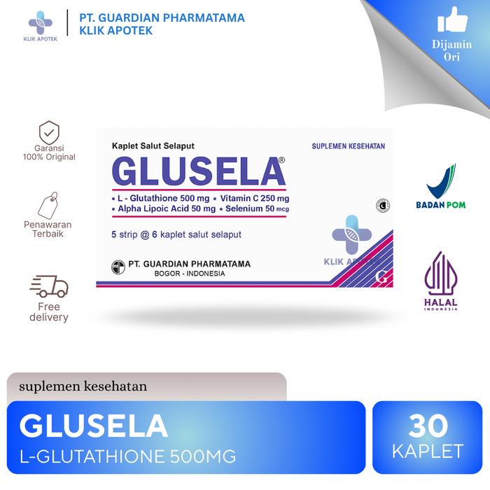Promo GLUSELA 1 BOX 30 KAPLET | L-glutathione 500mg +Vitamin c 250mg  Suplemen kesehatan - 1 BOX MAXIGLUTA + MAX-E di Klik.apotek | Tokopedia