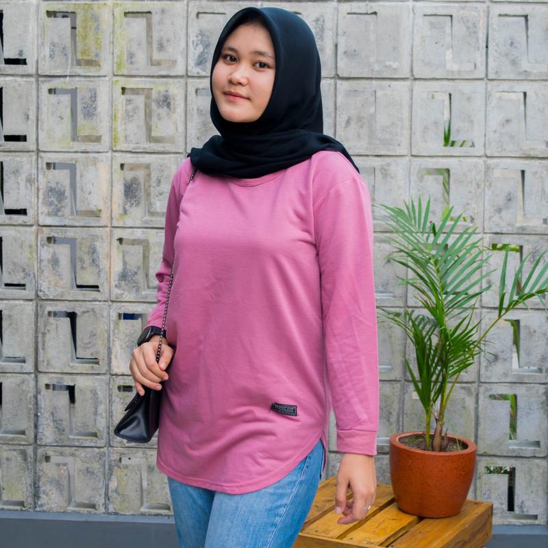 Kaos Polos Wanita Lengan Panjang - RIB Bawah Oval Terkini Sablon Atasan Baju Basic Top Variasi Tangan Oblong Oversize Muslim kaos  lengan  panjang  oval 5