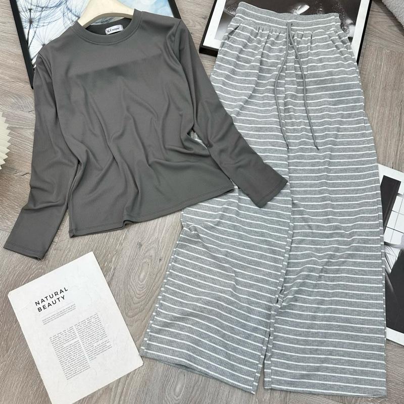  Q3 Set  quần ống xuông sọc + áo TAY DÀI tag HN  form 40-58kg mang di chơi  cà phê thoải mái 