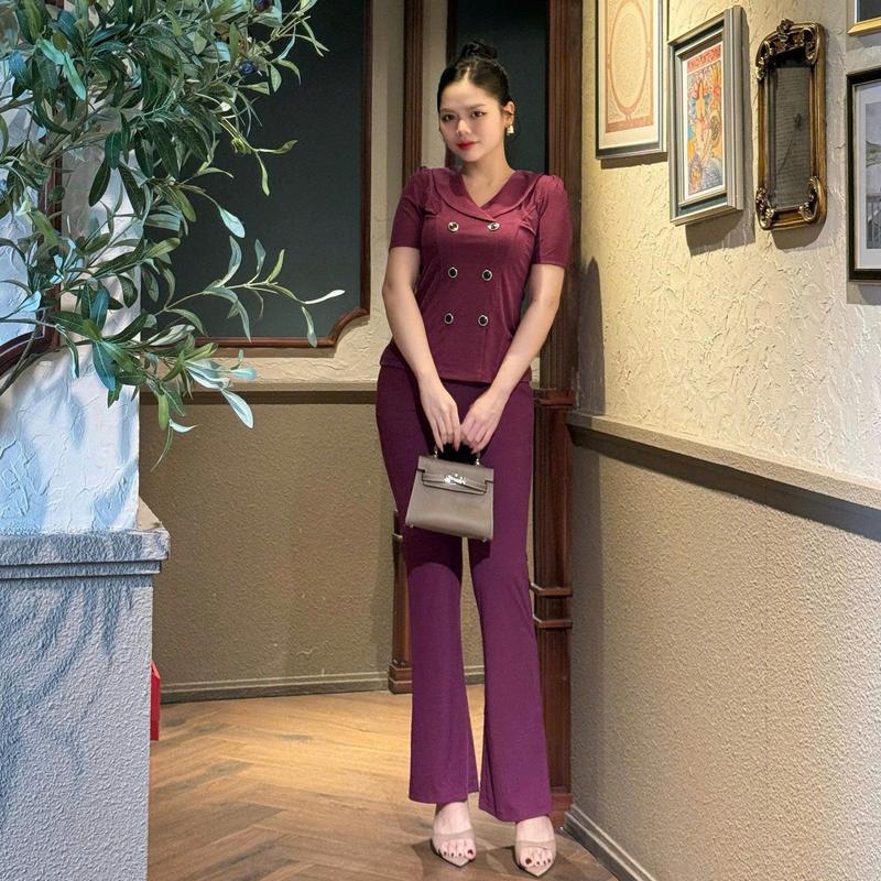  Set Bộ thun gân nhật CỔ TIM TAY NGẮN - QUẦN ỐNG LOE Chất liệu Gấm Nhật vải Mềm - Mịn - Mát tôn dáng che khuyết điểm Đồ Bộ Nữ Top Women Size 45 - 75KG 