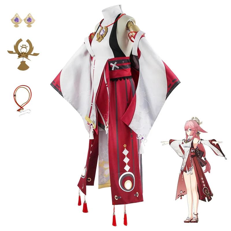 Kostum Yae Miko, Tema Permainan Impak Genshin, Kuil Narukami Besar, Cosplay, Pakaian Aksesori Kimono, Kostum Persembahan Watak Penyihir Anime 7