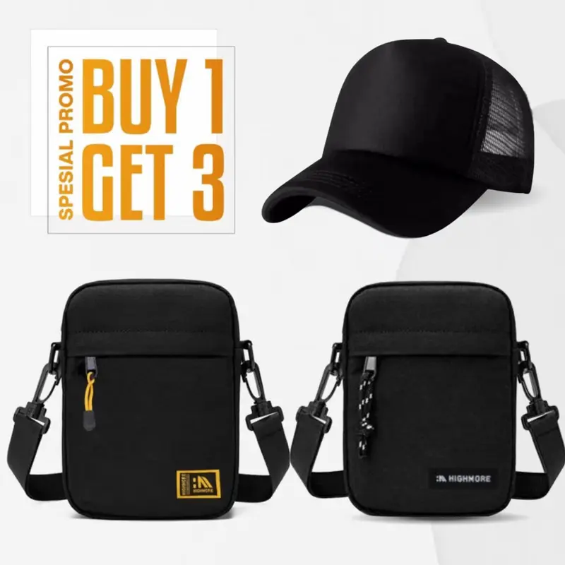 Paket Super Hemat Selempang HIGHMORE Slingbag BUY 1 GET 3 Selempang Waistbag Dompet - Bundling HM Pria Cowok 0