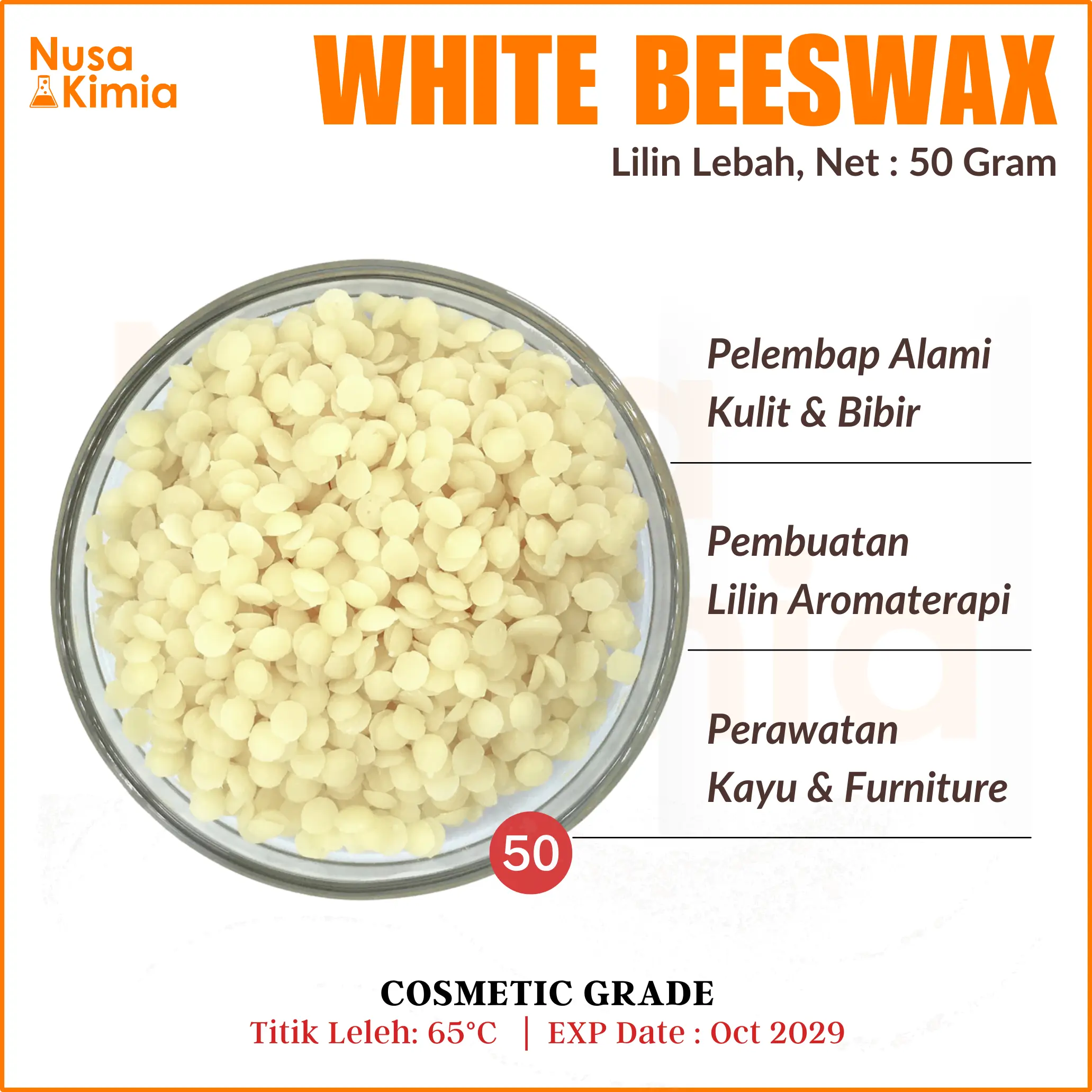 White Beeswax Pastilles 50 Gram - Lilin Lebah Organik Cosmetic Grade - Pembuatan Lilin Alami