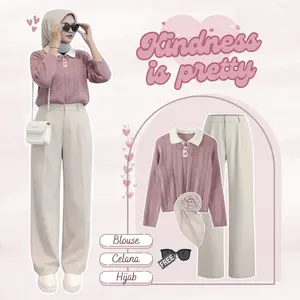 One Set Blouse Rajut Korean Style Wanita (Blouse Rajut Korean Style + Celana Kulot Wanita + Hijab Segi Empat + Free Kacamata) || OOTD Blouse Rajut Korean Style Wanita RO096