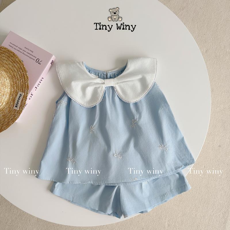 E145 Tiny Winy - Set áo cổ sen nơ thêu + quần short cho bé gái