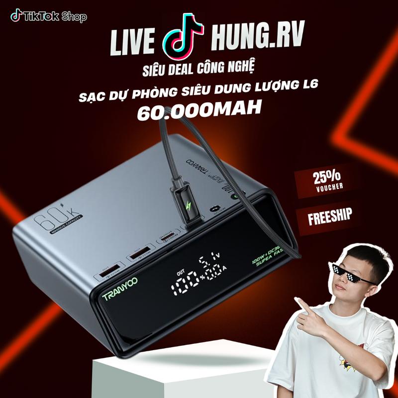 Sạc Dự Phòng L6 dung lượng lớn 60000mAh | Công suất cao 100W siêu nhanh | 2 cổng