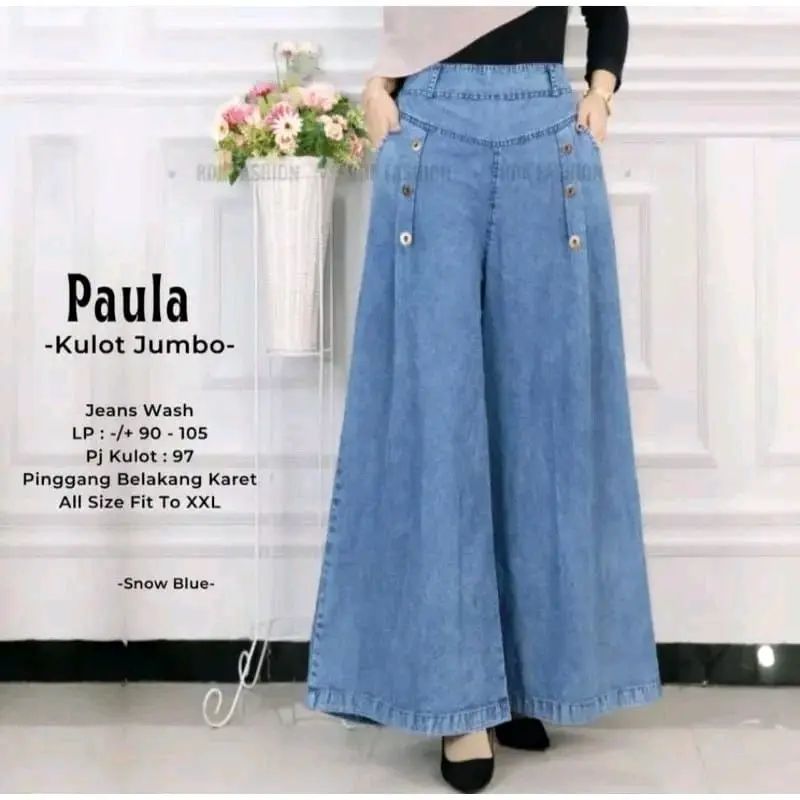 Celana kulot jeans kulot paula jumbo full karet pinggang saku jeans premium 0