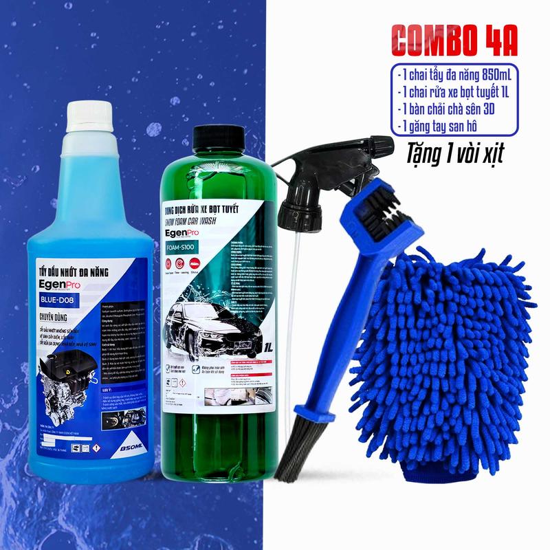  Combo 5 món Rửa Sên & Rửa Xe EgenPro  Motobike cleaner dung dịch tẩy lốc máy 850ml + xà bông 1 lít + cọ sên + găng tay san hô + vòi xịt  đầy đủ phụ kiện như hình 