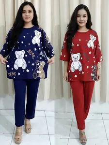 Setelan wanita dewasa motif Beruang BIG baju lengan 7/8  celana panjang perempuan dewasa