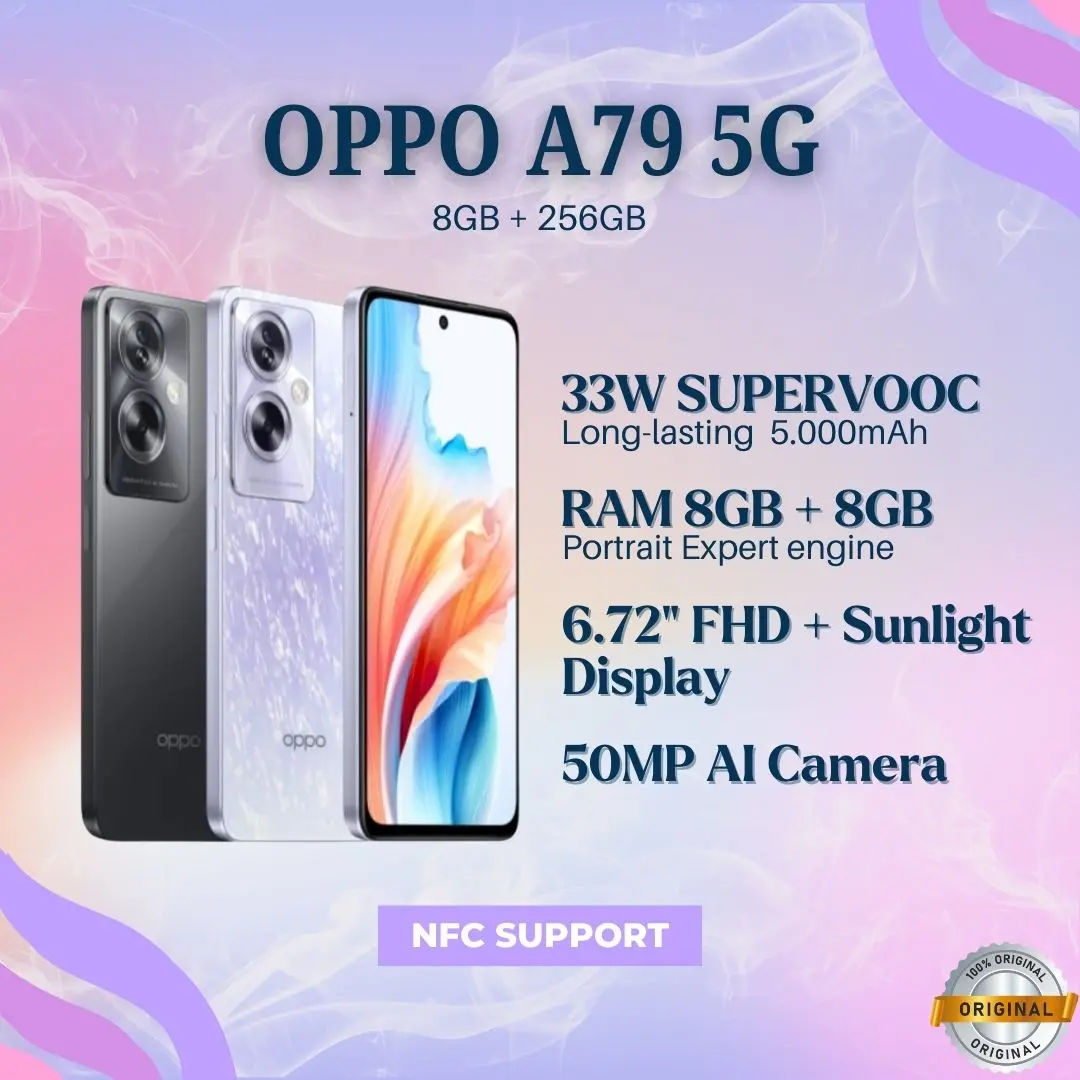 OPPO A79 5G 8GB/256GB Ultra Slim - Hitam Misteri, Ungu Bercahaya