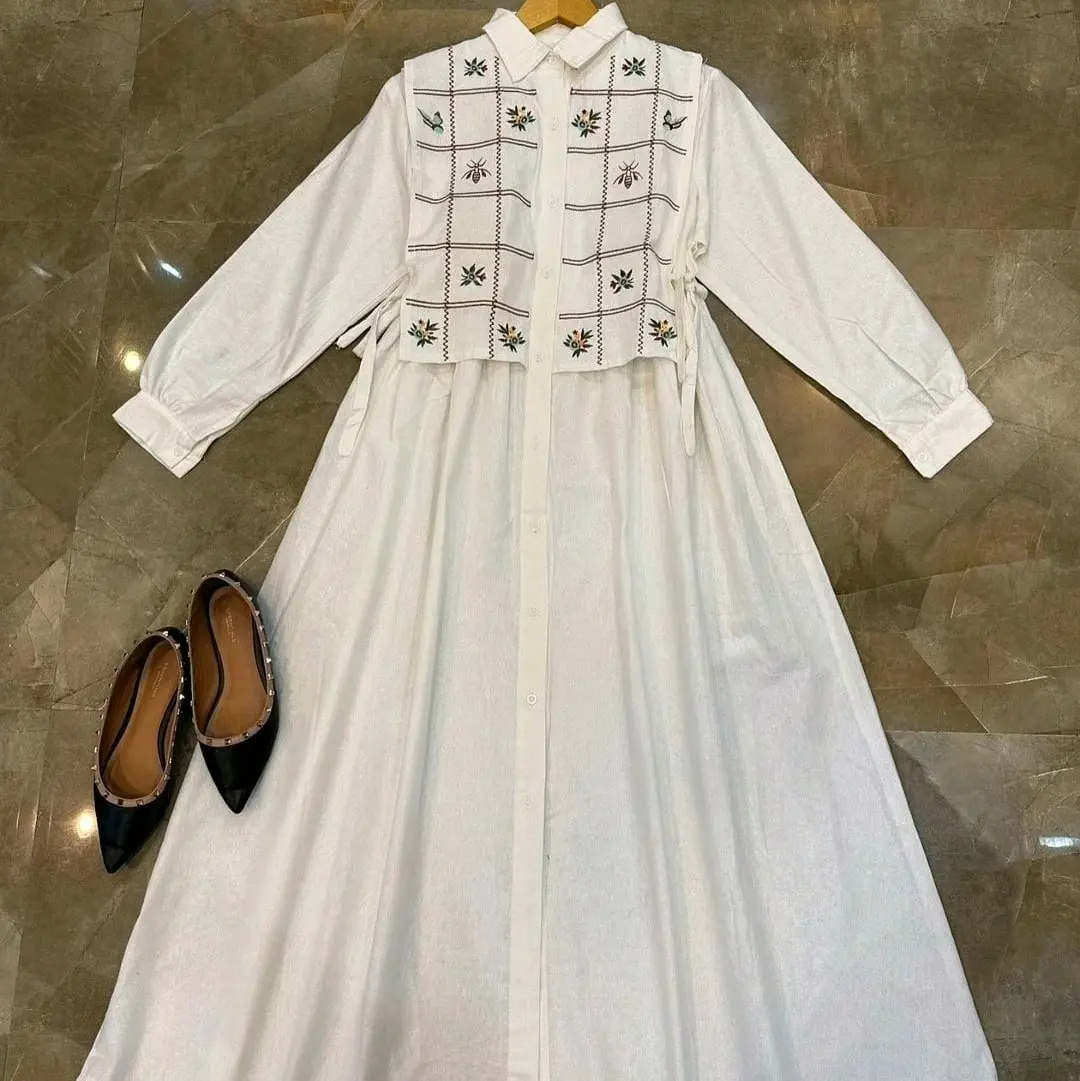 Tamara Dress Gamis Pesta Mewah Simple Elegant Kondangan Wanita Muslim Remaja Dewasa Bahan Polo Linen Aplikasi Bordir Maxi Panjang Lebaran Nyaman Putih Khaki