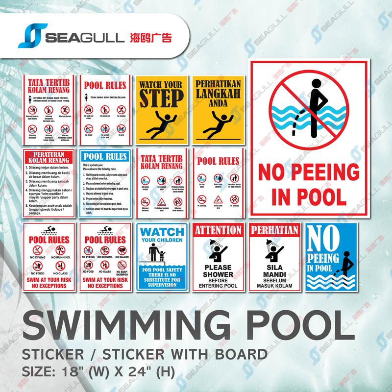 Swimming Pool Safety Signage Kolam Renang Pool Rules Sticker with Board ...