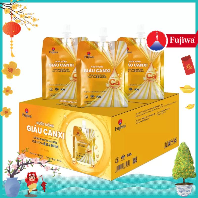 Hộp 12 Túi Nước Uống Dinh Dưỡng Bổ Sung Canxi Fujiwa Hương Cam dạng túi bạc 270ml - SX bằng nước ion kiềm Fujiwa cao cấp an toàn và tốt cho mẹ bầu+ trẻ nhỏ chứa 24 -35mg Calcium Túi