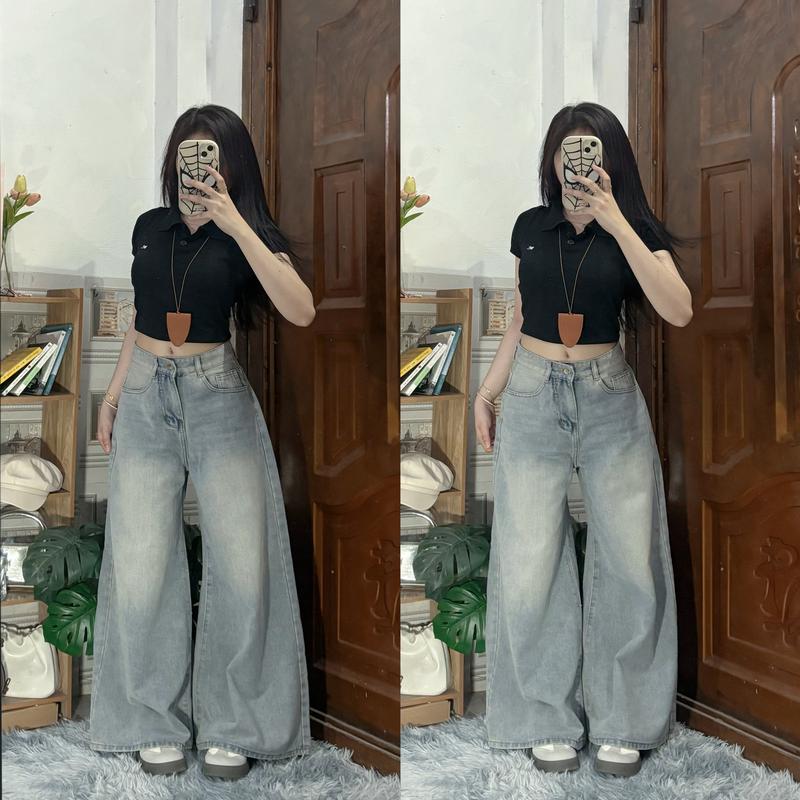 Quần Jean Ống Suông Rộng Loe Siêu To 37cm Cạp Cao Không Co Giãn QJ50