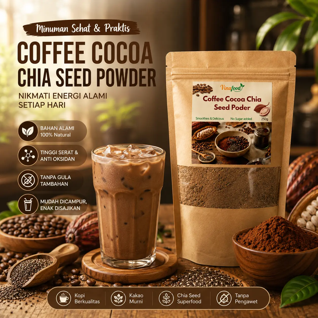 [BELI 1 GRATIS 1] Coffee Cocoa Chia Seed Powder Premium – Minuman Kopi Kakao dengan Biji Chia Kaya Serat & Tanpa Gula Tambahan