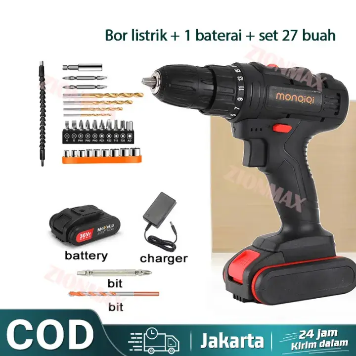 bor tangan tanpa kabel 36V bor baterai cas komplit 10mm bor baterai cas baterai 2 36V-bor cas BOR CORDLESS UNTUK KAYU BESI TEMBOK BETON termasuk Baterai dan Pengisi Daya
