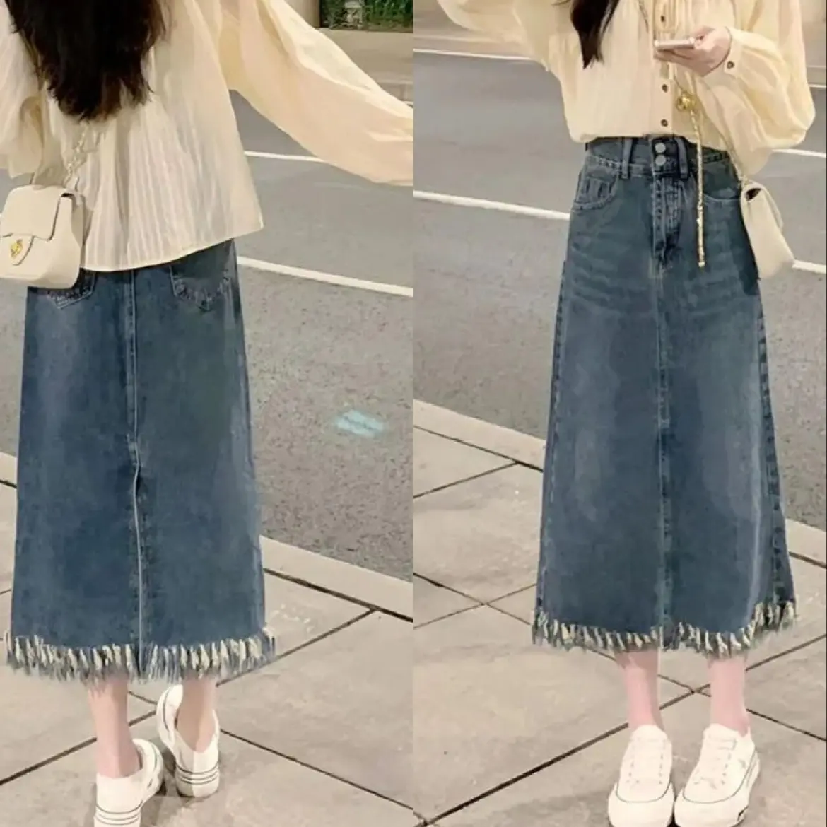 HAZO Korean Style Slit Rok Denim Panjang Wanita High Waist A-line Skirt Rok retro high-waisted raw edge