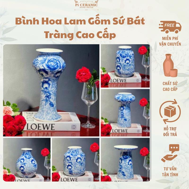 Bình hoa lam gốm sứ Bát Tràng cao cấp, hoạ tiết vẽ tay hoa hồng 3D, decor phòng, trang trí nhà cửa Thủy Tinh