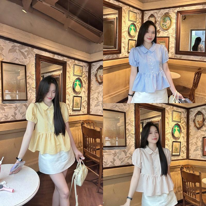 Áo sơ mi nữ babydoll caro tay ngắn trẻ trung LAMO - B1463