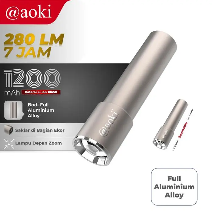 AOKI Senter Mini Aluminium 280LM Rechargeable / AK-1613 1200mAh - 280Lumen Senter Zoom Mini