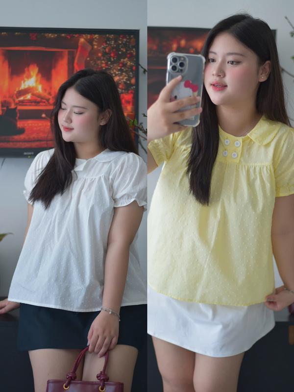 MỞ BÁN BST TẾT Áo babydoll thêu hạt nữ cổ sen tay phồng form rộng cho nàng bigsize - Mia Bigsize