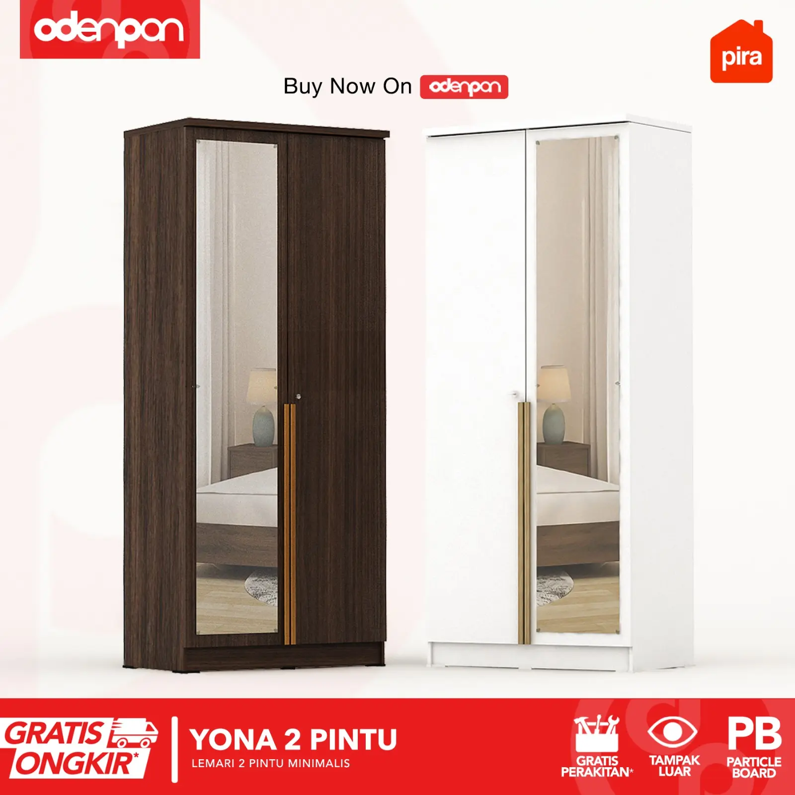 PIRA Lemari Pakaian / Baju 2 Pintu Dengan Cermin YONA 2P - FREE ONGKIR [ODENPAN]