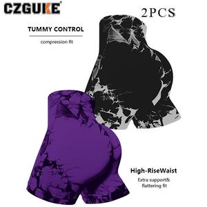 CZGUKE conjunto de dos pzas para mujer: pantalones de fitness sin costuras con tie-dye y shorts deportivos ajustados de cintura alta con efecto realce de cadera, ideales para correr, estilo sexy con forma de melocotón, aptos para fitness y yoga