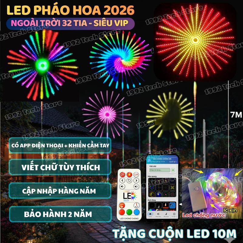 SIÊU VIP CÓ LOA DÂY ĐỒNG Led Pháo Hoa 32 Tia Loa Tích Hợp Trên Mạch Cao Cấp 10W Dây Led Lõi Đồng Có App Có Remote Điều Chỉnh Thêm Chữ Thêm Nhạc 400 Hiệu Ứng Tặng Thêm 1 Cuộn Led 10M