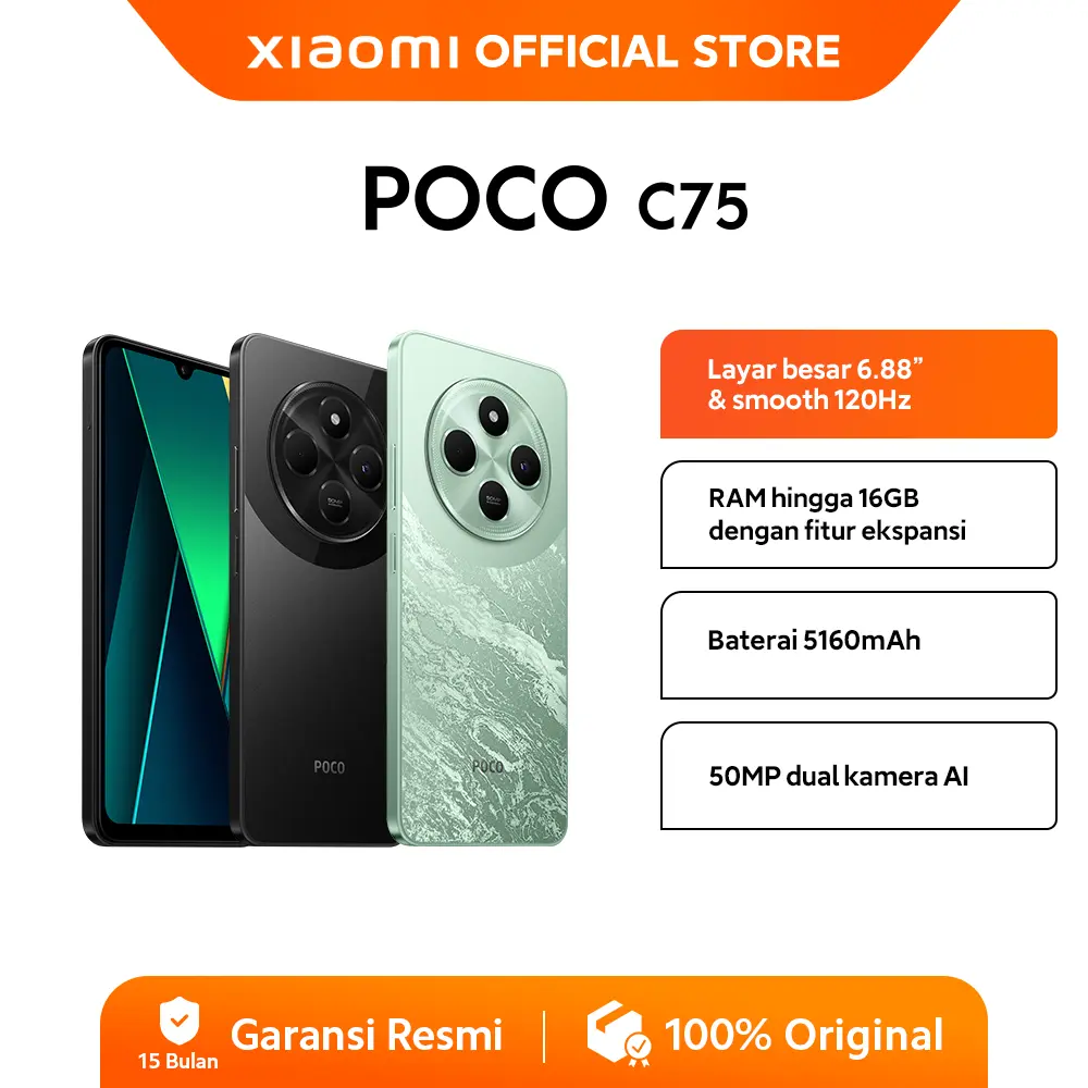 POCO C75 (6/128GB) (8/256GB) | Layar 6,88" | 50MP AI | Refresh rate 120 Hz | Baterai 5.160mAh | 18W Pengisian cepat | RAM hingga 16GB dengan fitur ekspansi | NFC | Garansi 15 bulan [Official Store]